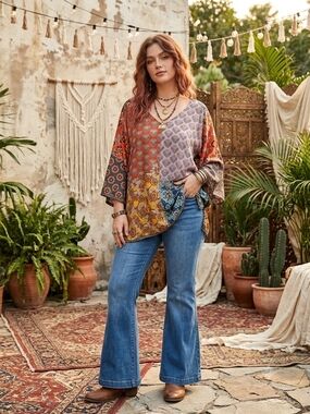 Johnny Was Multi-Color Silk Patch Print Boho Top with Blue Accents Xs